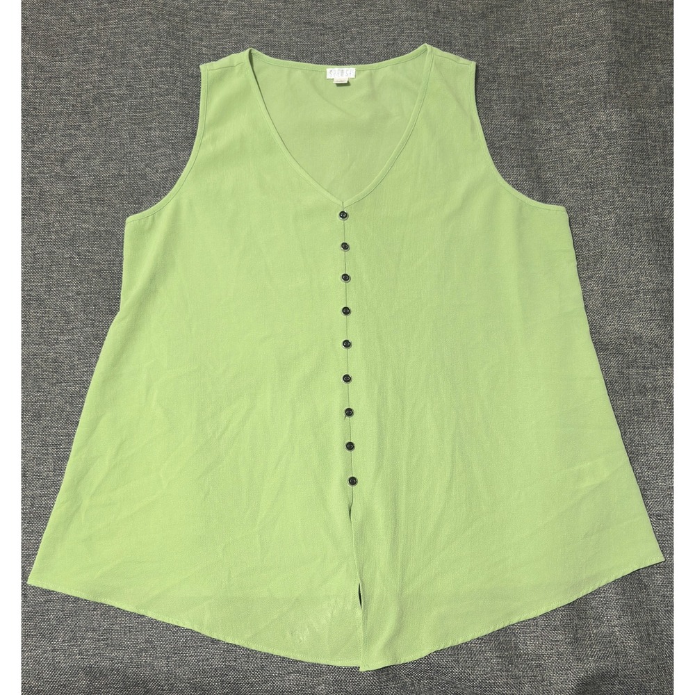 Spense Women's XL Tank Top Green Button Front V-Neck Sleeveless Crepe